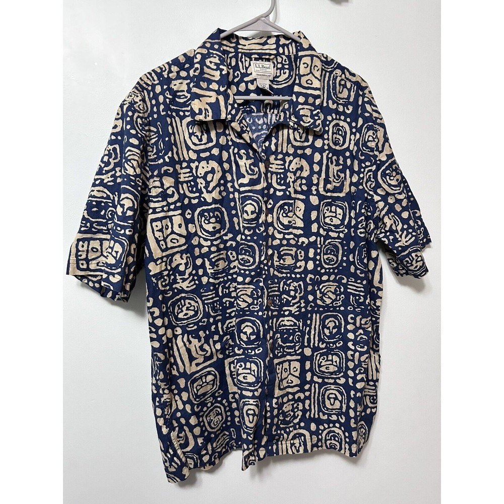 LL Bean Mens Short Sleeve Button Down Shirt Size XL Island Style Blue pattern